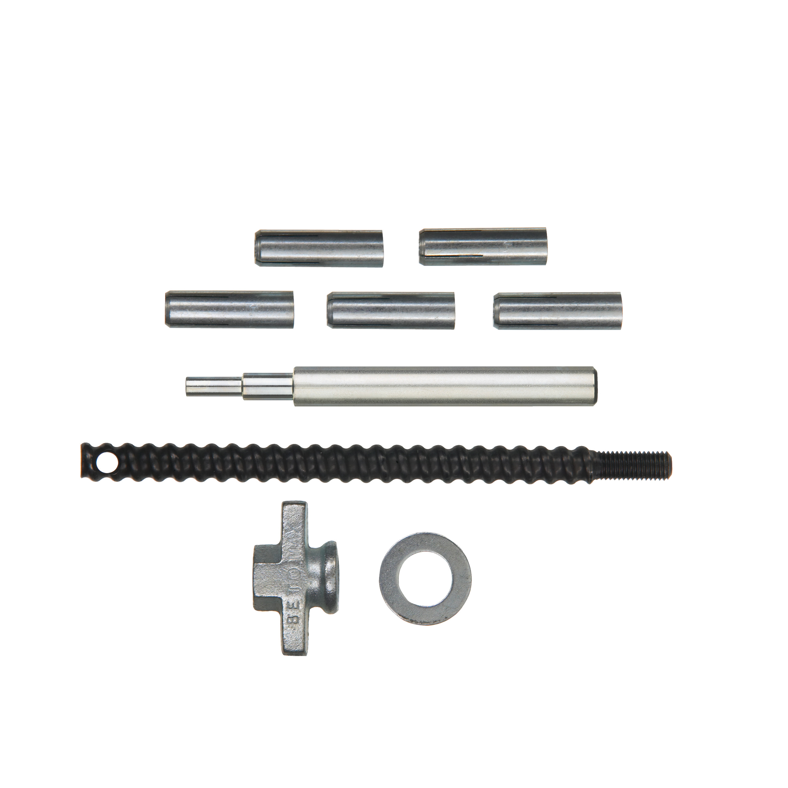 Kit de fijación. Para uso exclusivo en hormigón. La broca adecuada para la fijación es de ⌀16mm. Incluye varilla de fijación, herramienta de montaje, tuerca de mariposa, arandela y 5 tacos de fijación M12 (utilizar una broca de 15mm)