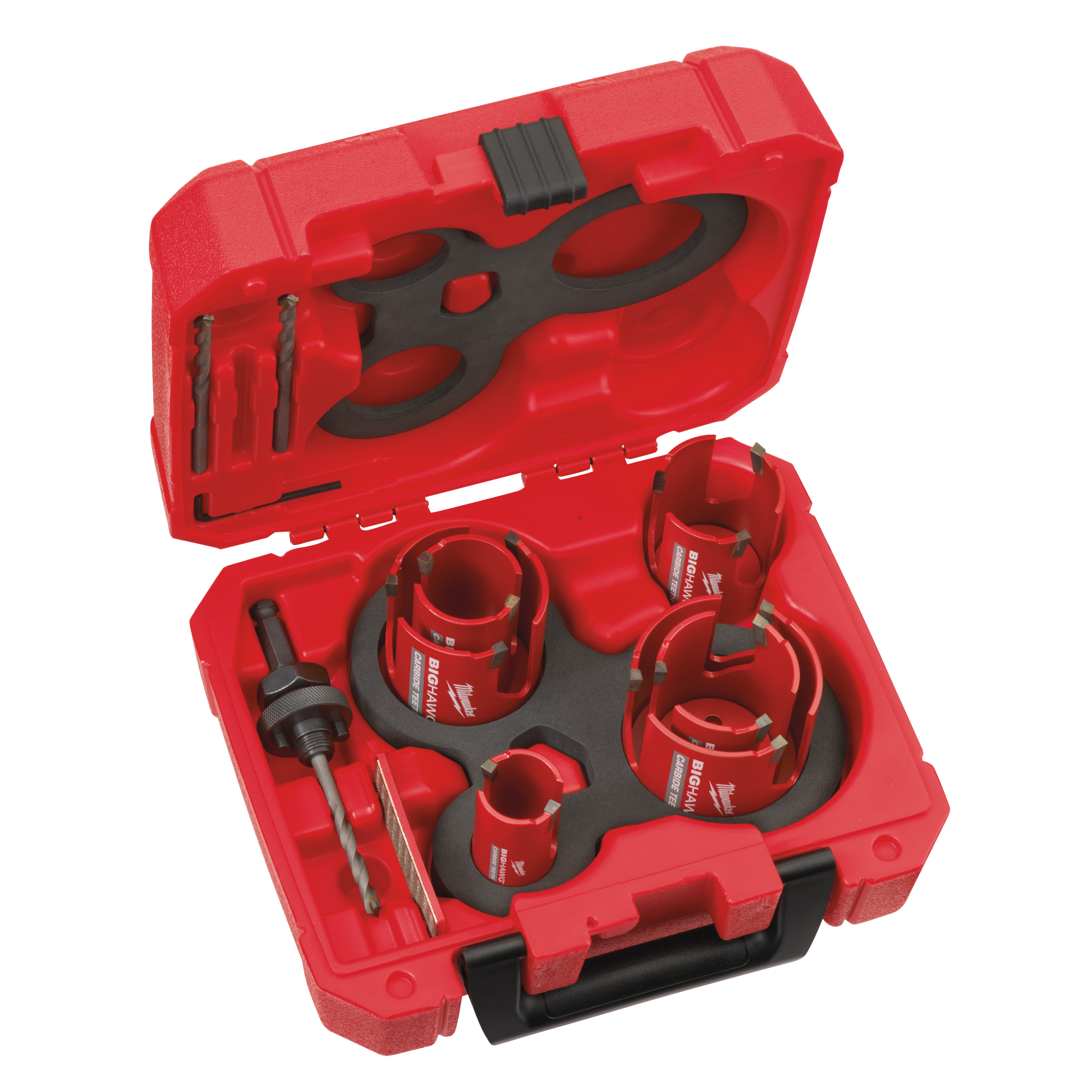 Coronas multimaterial BIG HAWG™: ⌀ 35, 44, 51, 57, 68, 76mm. Husillo con broca piloto, 2 brocas piloto, afilador de diamante y llave allen