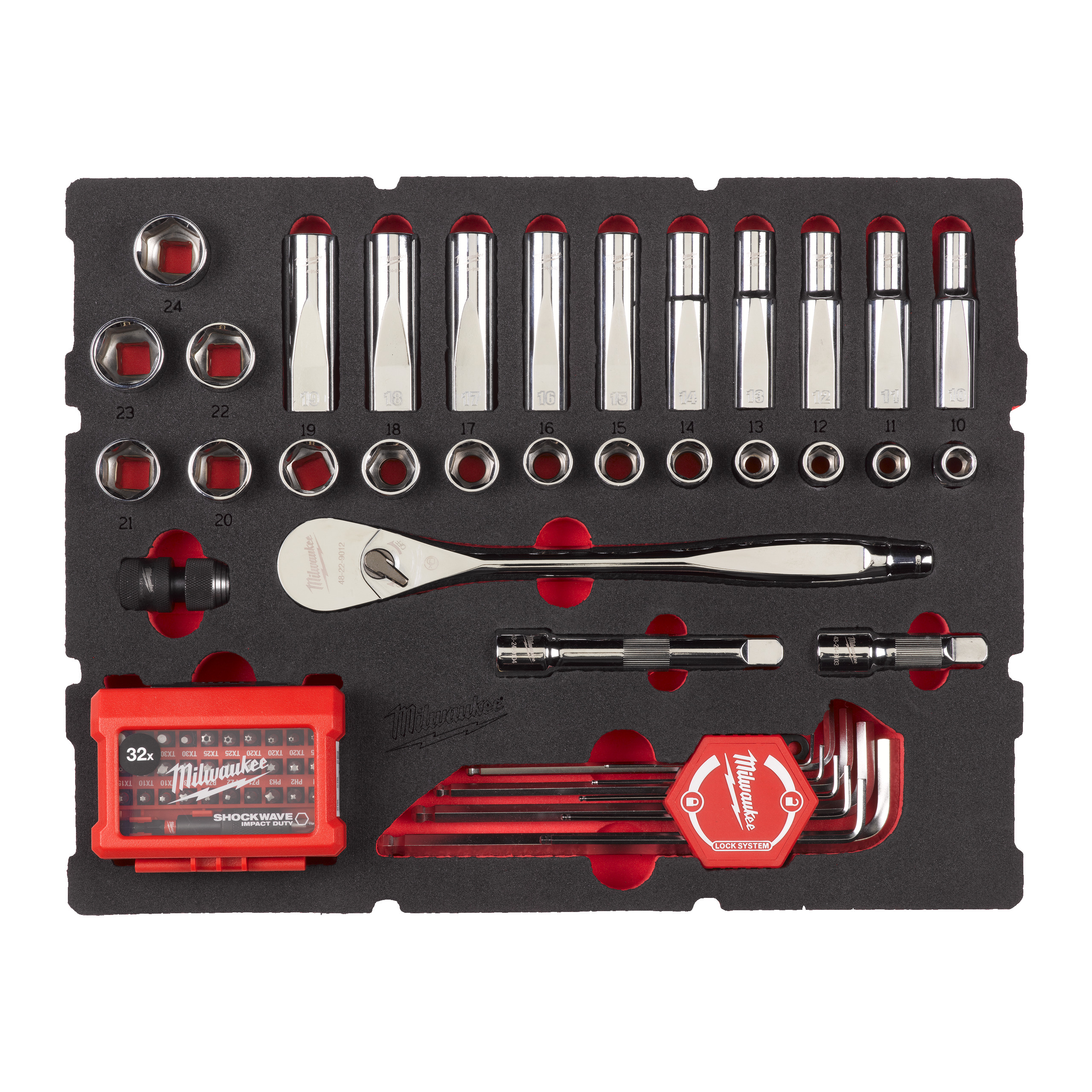 Espuma PACKOUT™ con 70 piezas de carraca y vasos de ½″, llaves Allen y puntas