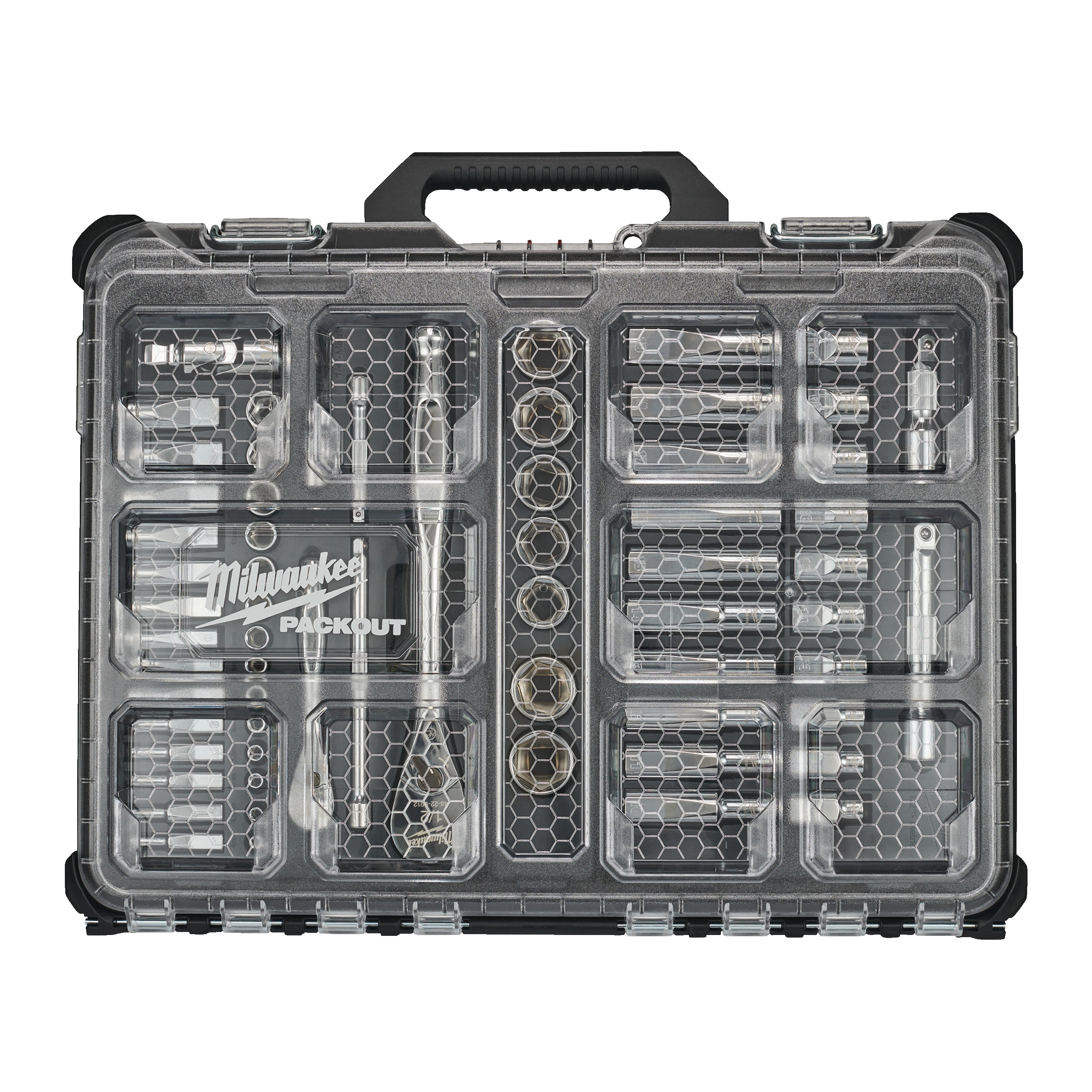Juego de 63 piezas con vasos y carraca de 1/4" y 1/2" en organizador Slim compacto PACKOUT™
