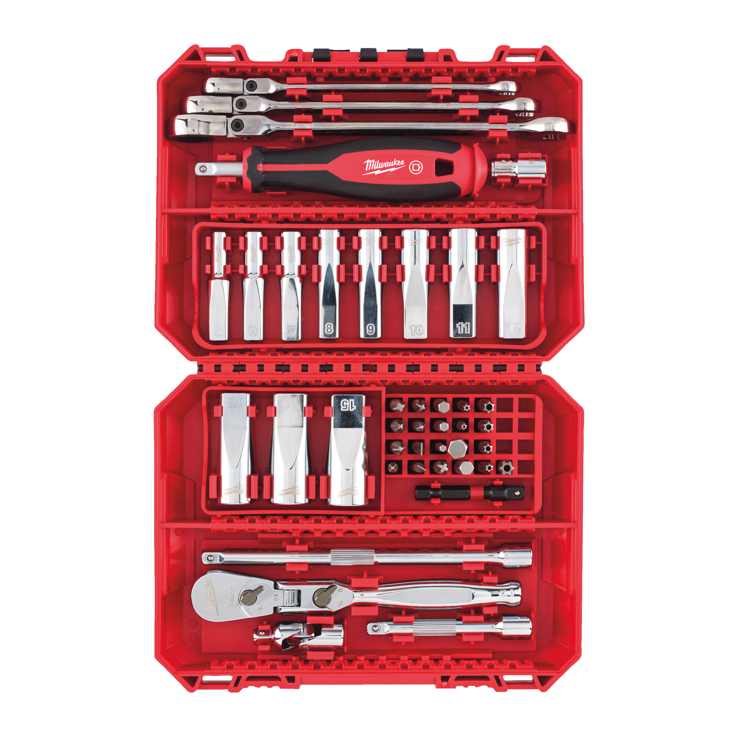 Estuche 42 piezas, llaves combinadas articuladas y vasos largos de ¼″ métrica compatible con PACKOUT™