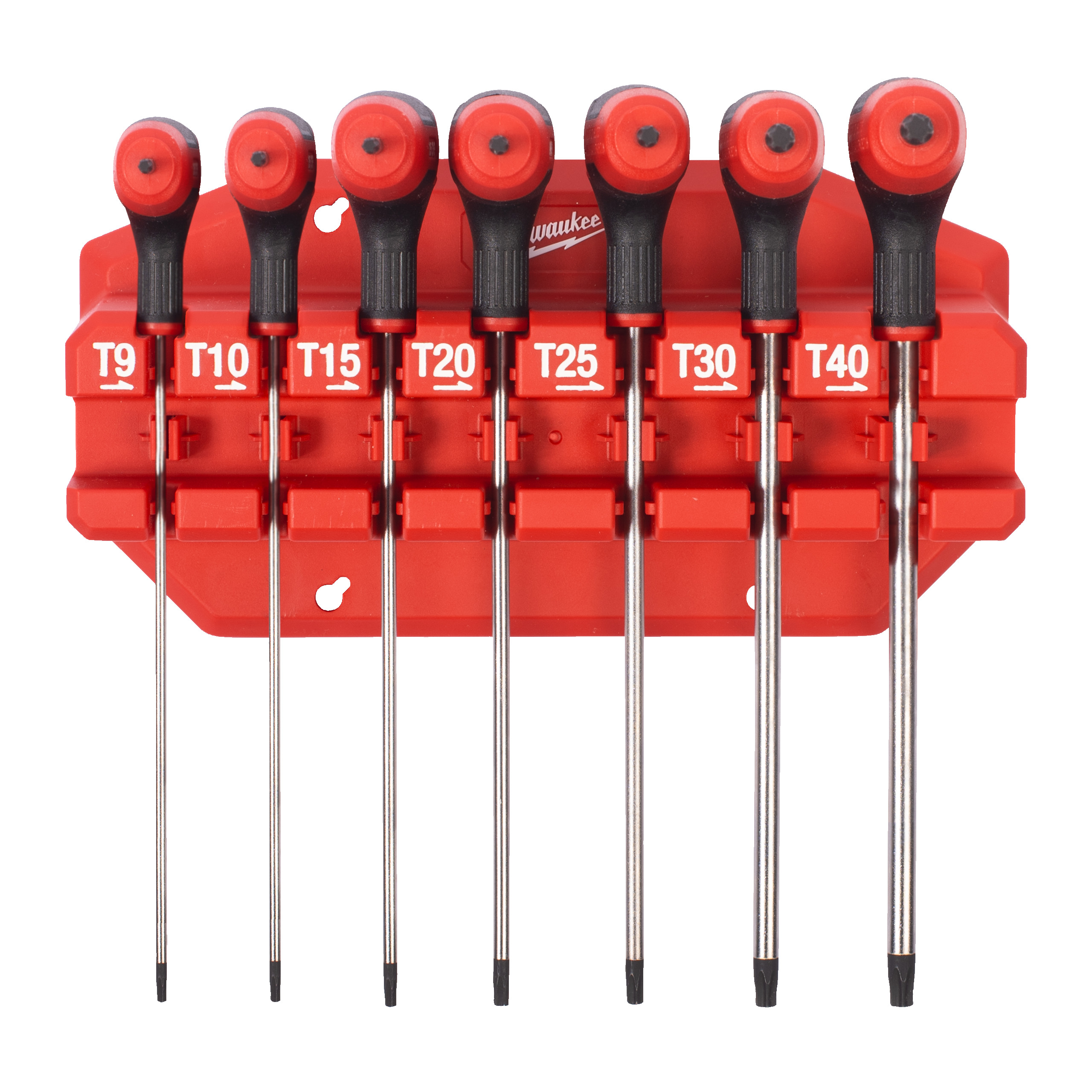 Juego de 7 llaves en T macho con mango Torx, en base de transporte
