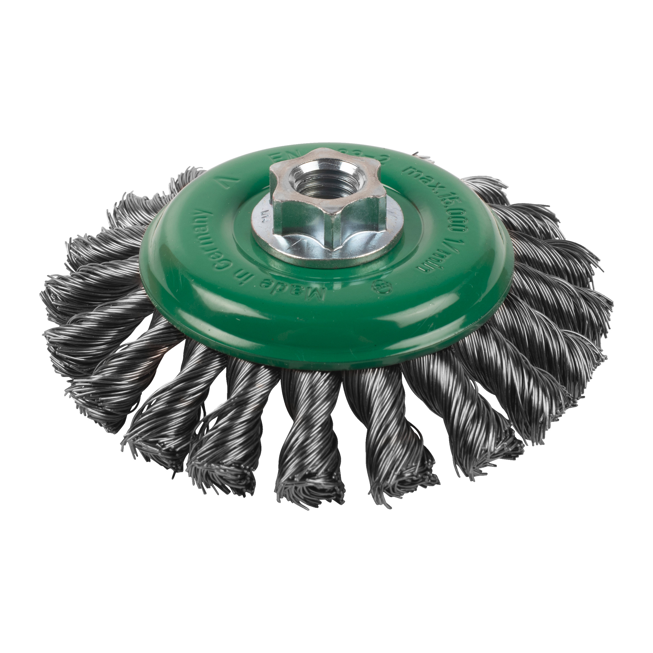 Cepillo Alambre cónico trenzado M14 115x12 acero INOX. 0,5mm